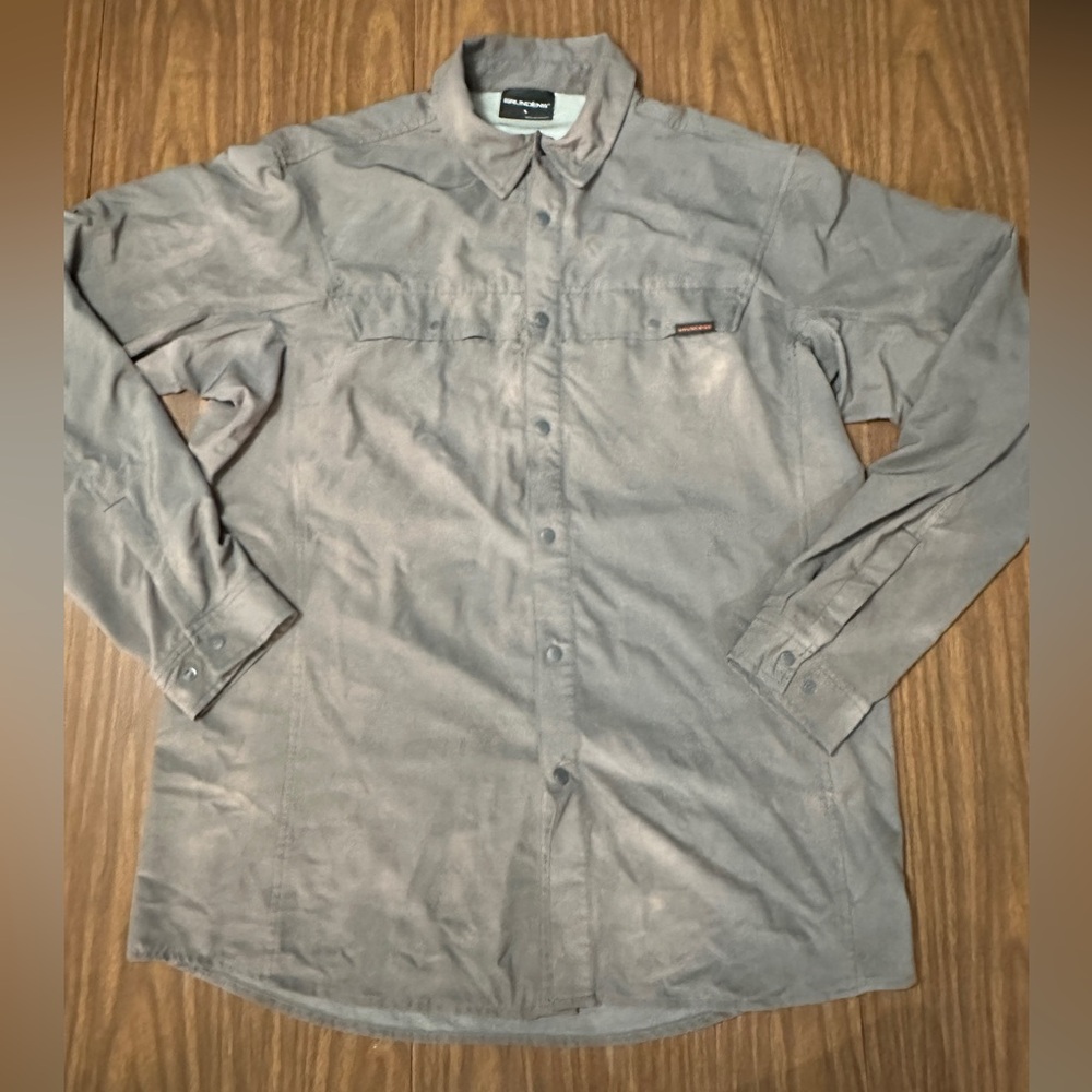 Mens Large Grundens snap button vented gray nylon poly fishing boating shirt